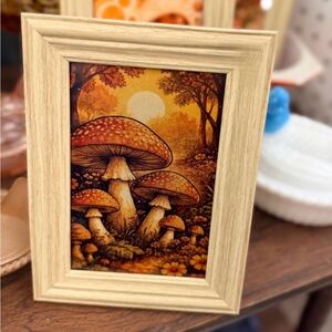 Wood Frame Mushroom Art Print - Warm Autumn Tones